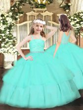 Stylish Apple Green Ball Gowns Organza Straps Sleeveless Beading and Lace and Ruffled Layers Floor Length Zipper Kids Formal Wear