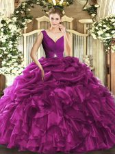 Beautiful Ball Gowns Ball Gown Prom Dress Fuchsia V-neck Organza Sleeveless Floor Length Backless