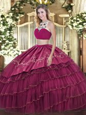  Fuchsia High-neck Neckline Beading and Embroidery and Ruffled Layers Quinceanera Dresses Sleeveless Backless