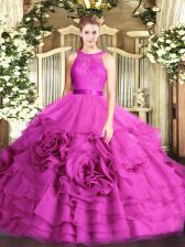 Designer Floor Length Fuchsia Sweet 16 Quinceanera Dress Fabric With Rolling Flowers Sleeveless Lace