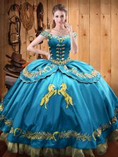 Custom Made Floor Length Baby Blue Quince Ball Gowns Off The Shoulder Sleeveless Lace Up