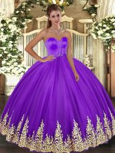  Eggplant Purple Sleeveless Floor Length Appliques Lace Up Sweet 16 Dress