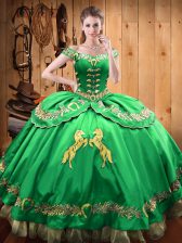Exquisite Ball Gowns Vestidos de Quinceanera Green Off The Shoulder Satin and Organza Sleeveless Floor Length Lace Up