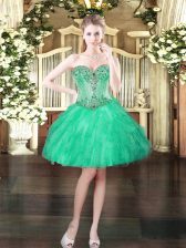 Delicate Beading and Ruffles Prom Party Dress Turquoise Lace Up Sleeveless Mini Length