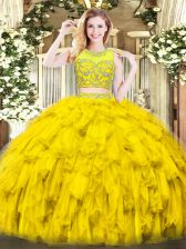 Custom Fit Scoop Sleeveless Sweet 16 Quinceanera Dress Floor Length Beading and Ruffles Gold Tulle
