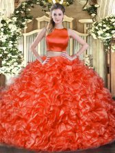  High-neck Sleeveless Tulle Ball Gown Prom Dress Ruffles Criss Cross