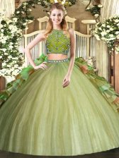  Olive Green High-neck Neckline Beading and Ruffles Ball Gown Prom Dress Sleeveless Zipper