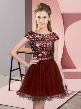 Vintage Sequins Damas Dress Wine Red Zipper Cap Sleeves Mini Length