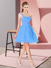  Beading and Hand Made Flower Homecoming Dress Baby Blue Zipper Sleeveless Mini Length