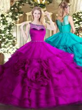  Fuchsia Sleeveless Floor Length Beading and Ruffled Layers Zipper Sweet 16 Dress