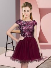 Dazzling Mini Length Burgundy Court Dresses for Sweet 16 Tulle Cap Sleeves Sequins
