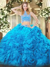  Aqua Blue Sleeveless Floor Length Beading and Ruffles Backless Quinceanera Gowns