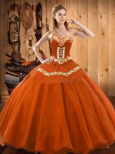 Deluxe Rust Red Ball Gowns Tulle Sweetheart Sleeveless Ruffles Floor Length Lace Up Sweet 16 Dresses