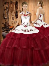 Pretty Wine Red Quinceanera Dresses Military Ball and Sweet 16 and Quinceanera with Embroidery and Ruffled Layers Halter Top Sleeveless Sweep Train Lace Up