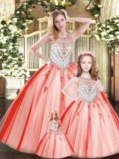 Admirable Ball Gowns 15 Quinceanera Dress Red Scoop Tulle Sleeveless Floor Length Lace Up