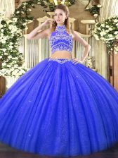 Delicate Floor Length Two Pieces Sleeveless Blue Quinceanera Dress Backless