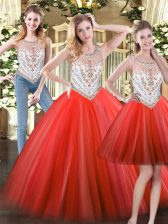  Floor Length Ball Gowns Sleeveless Coral Red Quince Ball Gowns Zipper