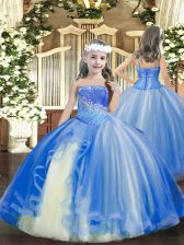  Floor Length Lace Up Little Girl Pageant Dress Baby Blue for Party and Quinceanera with Beading
