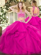 Ideal Floor Length Backless 15th Birthday Dress Fuchsia for Military Ball and Sweet 16 and Quinceanera with Beading and Ruffles