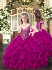  Sleeveless Lace Up Floor Length Beading and Ruffles Child Pageant Dress