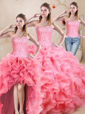 Pretty Floor Length Lace Up 15 Quinceanera Dress Watermelon Red for Sweet 16 and Quinceanera with Beading and Ruffles