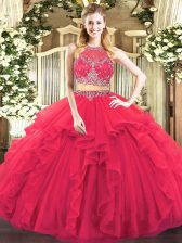  Sleeveless Floor Length Beading and Ruffles Zipper Sweet 16 Dress with Coral Red