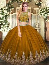  Brown Zipper Ball Gown Prom Dress Beading and Appliques Sleeveless Floor Length