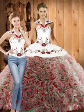  Sleeveless Sweep Train Lace Up Embroidery 15th Birthday Dress