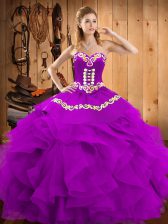  Eggplant Purple Satin and Organza Lace Up Sweetheart Sleeveless Floor Length Ball Gown Prom Dress Embroidery and Ruffles