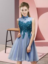 Modern Appliques Quinceanera Dama Dress Blue Lace Up Sleeveless Knee Length