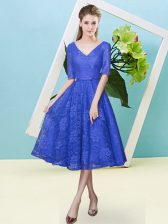 Cute Tea Length Empire Half Sleeves Royal Blue Quinceanera Dama Dress Lace Up