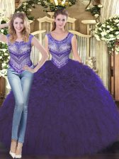 Dramatic Ball Gowns Quinceanera Gown Purple Scoop Tulle Sleeveless Floor Length Lace Up