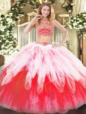  Multi-color Tulle Backless High-neck Sleeveless Floor Length Vestidos de Quinceanera Beading and Ruffles