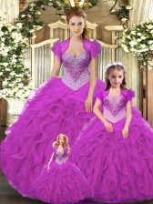 Beauteous Straps Sleeveless Quinceanera Gowns Floor Length Beading and Ruffles Fuchsia Tulle