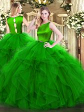  Green Organza Clasp Handle Scoop Sleeveless Floor Length 15th Birthday Dress Ruffles