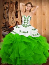 Gorgeous Strapless Sleeveless Satin and Organza Ball Gown Prom Dress Embroidery and Ruffles Lace Up