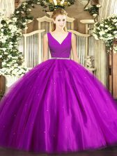 Fashionable Purple Ball Gowns V-neck Sleeveless Tulle Floor Length Zipper Beading Quinceanera Dresses