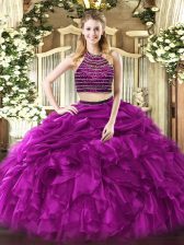 Decent Two Pieces Vestidos de Quinceanera Fuchsia Halter Top Tulle Sleeveless Floor Length Zipper