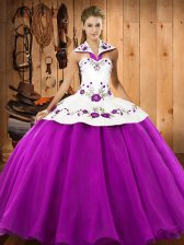 High Class Satin and Tulle Halter Top Sleeveless Lace Up Embroidery 15th Birthday Dress in Fuchsia