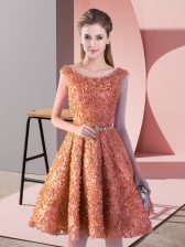 High Class Rust Red Sleeveless Belt Knee Length Evening Dress