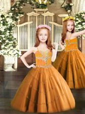 Superior Floor Length Orange Little Girls Pageant Gowns Spaghetti Straps Sleeveless Lace Up