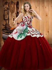  Wine Red Sleeveless Floor Length Embroidery Lace Up Sweet 16 Dress