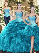 Sumptuous Aqua Blue Ball Gown Prom Dress Military Ball and Sweet 16 and Quinceanera with Beading and Ruffles Sweetheart Sleeveless Lace Up