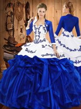  Blue Ball Gowns Embroidery and Ruffles Ball Gown Prom Dress Lace Up Satin and Organza Sleeveless Floor Length