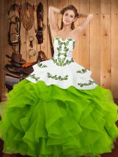 Custom Fit Ball Gowns Satin and Organza Strapless Sleeveless Embroidery and Ruffles Floor Length Lace Up Sweet 16 Quinceanera Dress