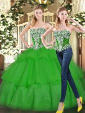 Attractive Strapless Sleeveless 15th Birthday Dress Floor Length Beading and Ruffled Layers Green Tulle