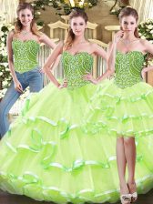Hot Sale Yellow Green Three Pieces Organza Sweetheart Sleeveless Ruffled Layers Floor Length Lace Up Sweet 16 Dresses