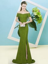 Free and Easy Olive Green Off The Shoulder Zipper Sequins Prom Evening Gown Sweep Train Short Sleeves