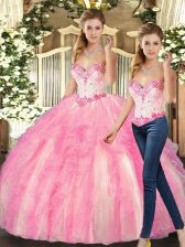 Top Selling Sleeveless Floor Length Beading and Ruffles Lace Up 15th Birthday Dress with Rose Pink 