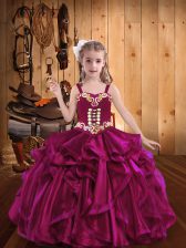  Fuchsia Girls Pageant Dresses Sweet 16 and Quinceanera with Embroidery and Ruffles Straps Sleeveless Lace Up